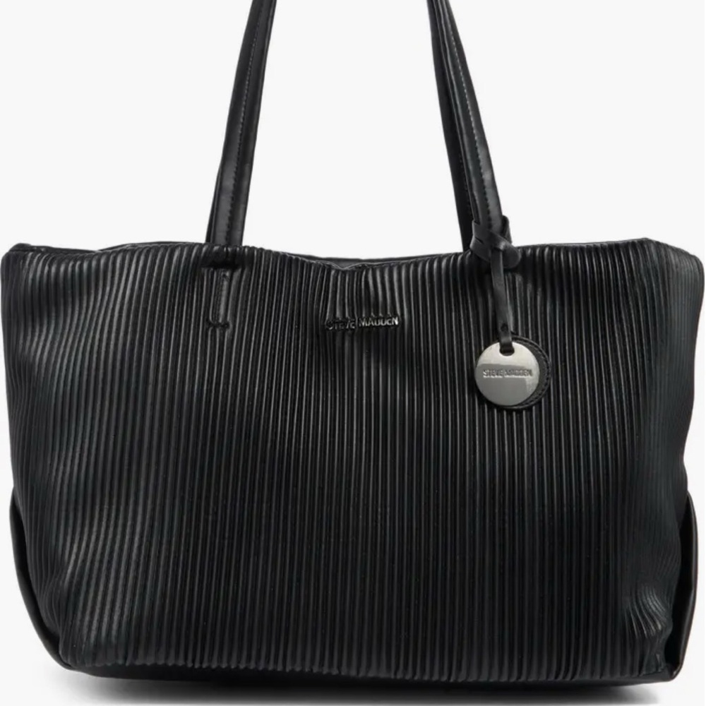 Steve Madden Black Tote Bag with Ribbed Texture -New - Picture 2 of 7